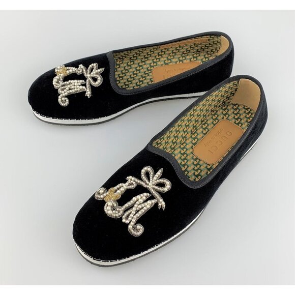 NIB Gucci Velvet Embellished Loafer In Black Size 6/EU 40 - Picture 4 of 11